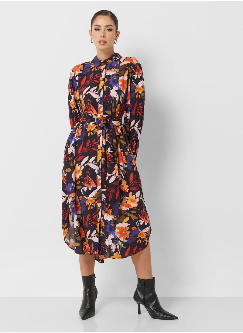 Button Detail Printed Shirt Dress