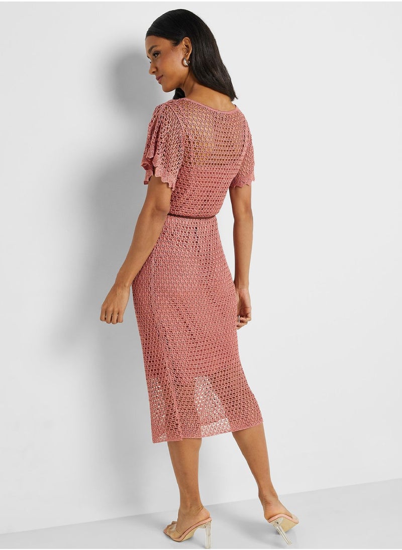 Flared Sleeve Belted Dress