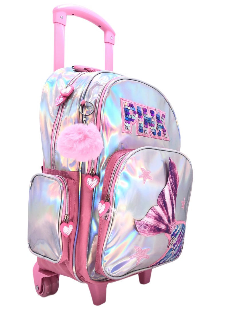 Pink Silver Fish Design Rolling Backpack 18 inch Wheeled Kids Backpack with Lunch Bag and Pencil Case for Girls Pink and Silver