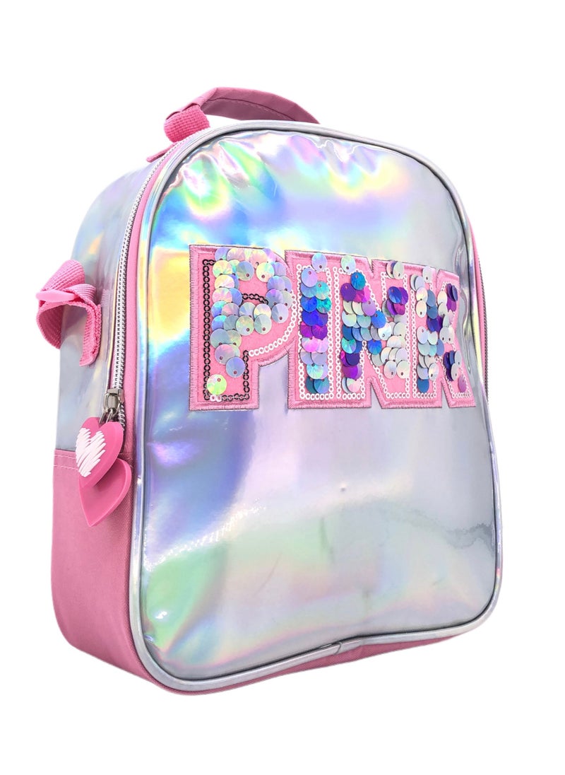 Pink Silver Fish Design Rolling Backpack 18 inch Wheeled Kids Backpack with Lunch Bag and Pencil Case for Girls Pink and Silver