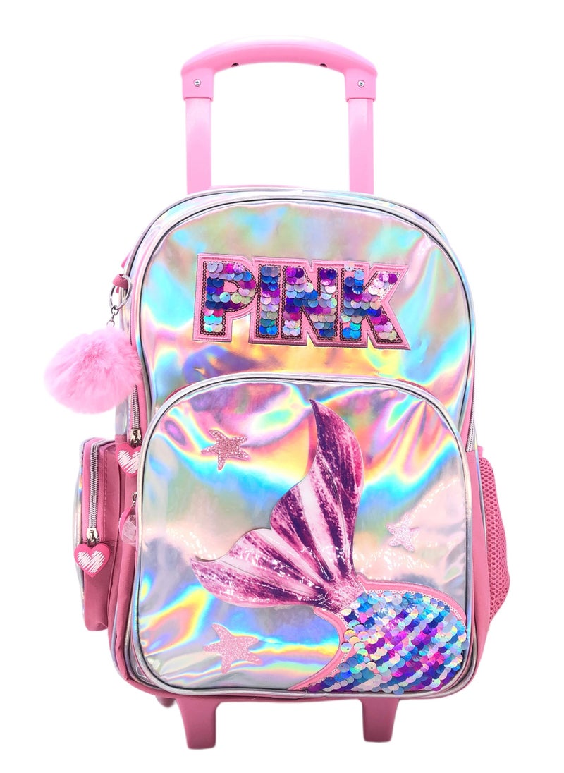 Pink Silver Fish Design Rolling Backpack 18 inch Wheeled Kids Backpack with Lunch Bag and Pencil Case for Girls Pink and Silver