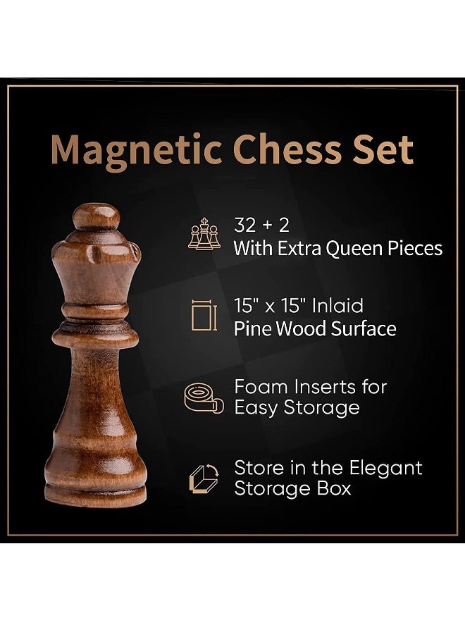 Chess Sets,15 Inch Magnetic Wooden Chess Set, Board Game for Adults and Kids, with 24 Cherkers Pieces Extra & 2 Extra Queens,Portable Travel Chess Board Game Sets