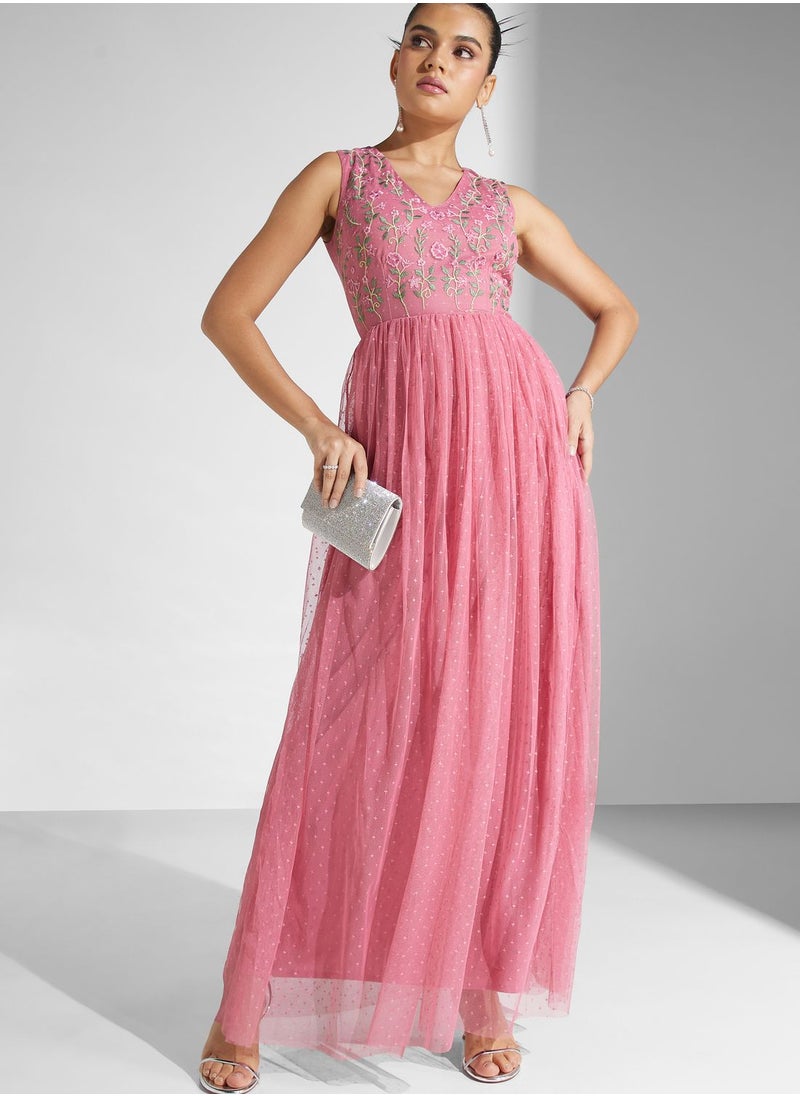 V-Neck Embroidered Mesh Tiered Dress