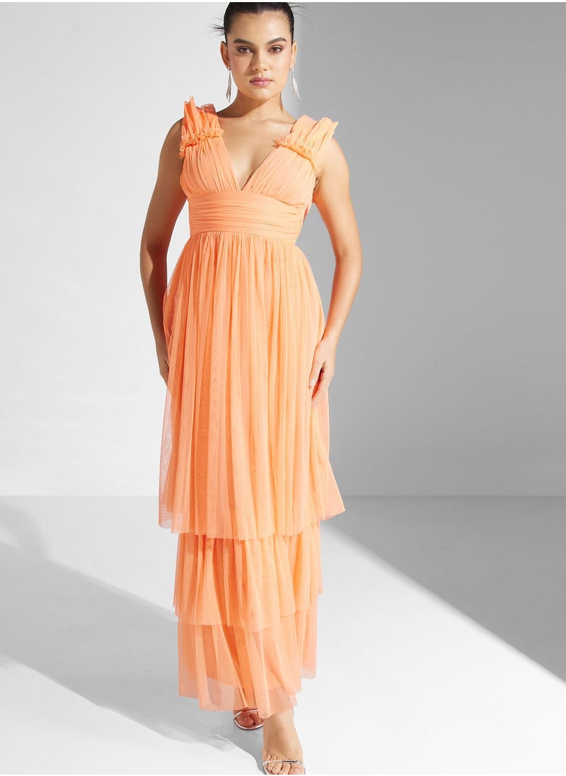 Plunge Neck Ruched Waist Tiered Dress