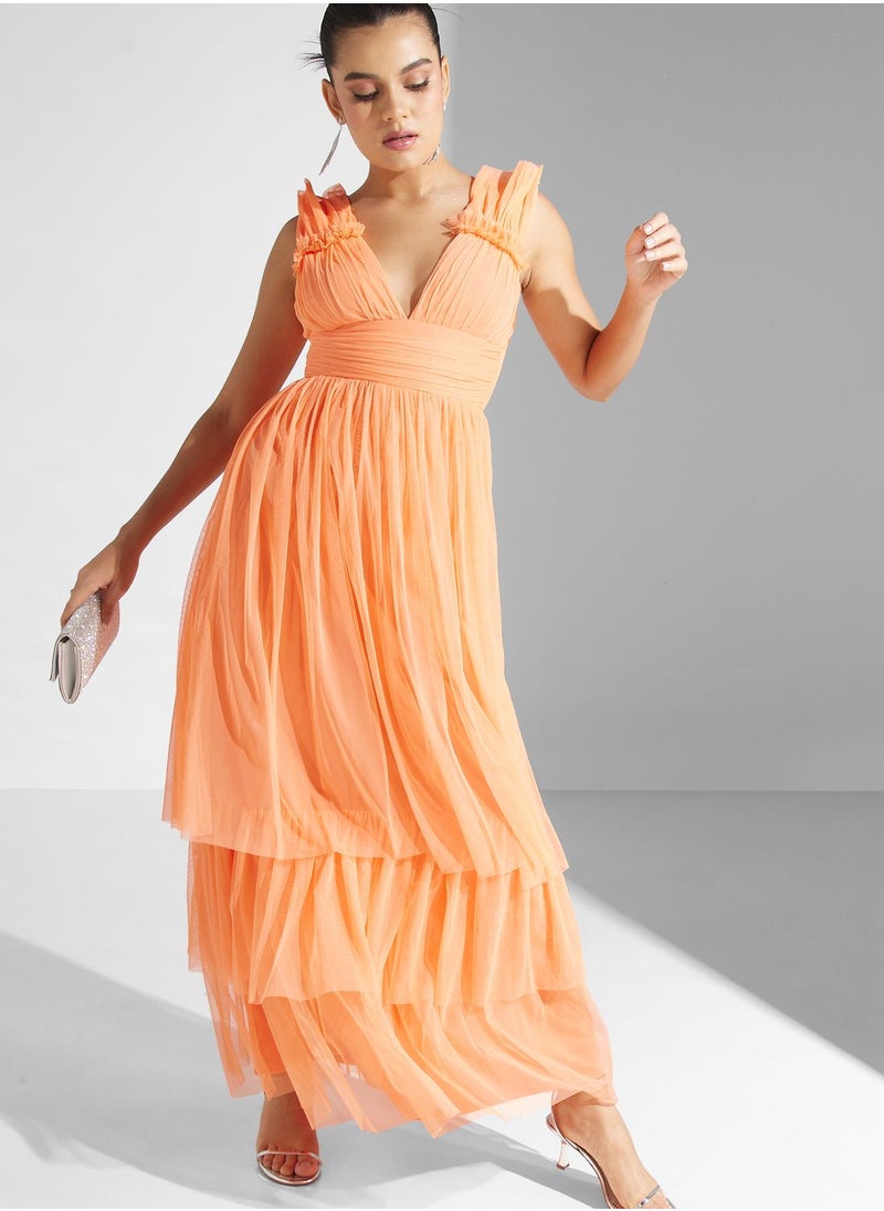 Plunge Neck Ruched Waist Tiered Dress