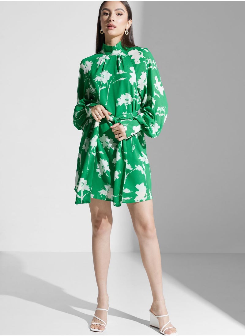 Floral Tie Detail Balloon Sleeve Dress