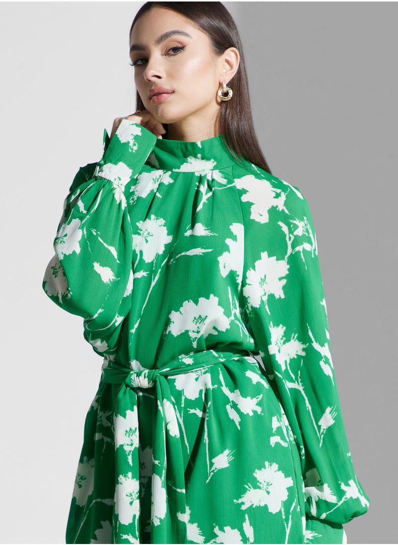 Floral Tie Detail Balloon Sleeve Dress