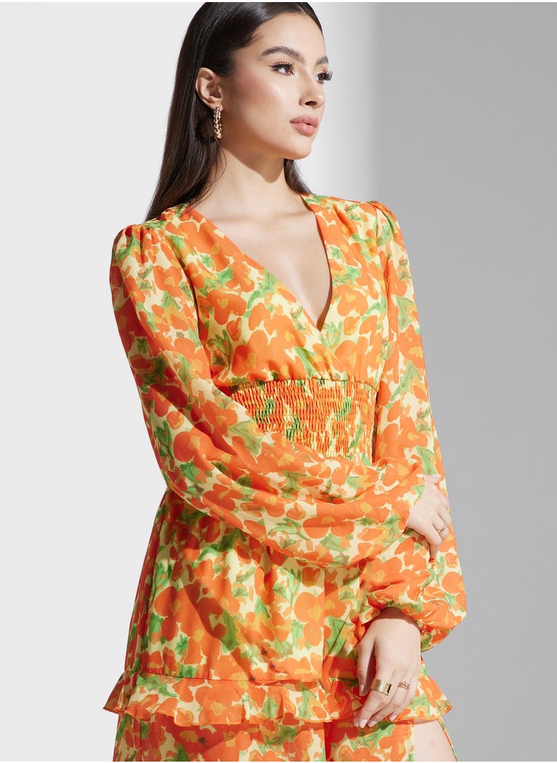 Ruched Waist Ruffle Floral Dress