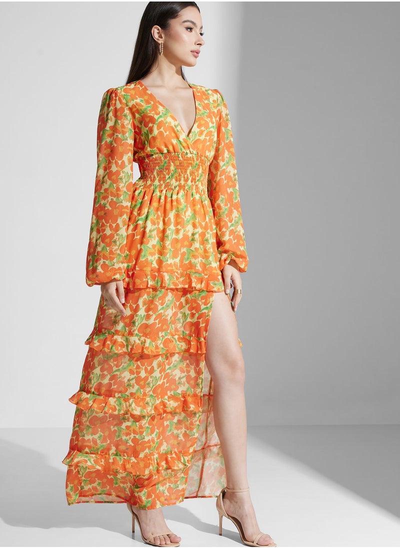 Ruched Waist Ruffle Floral Dress