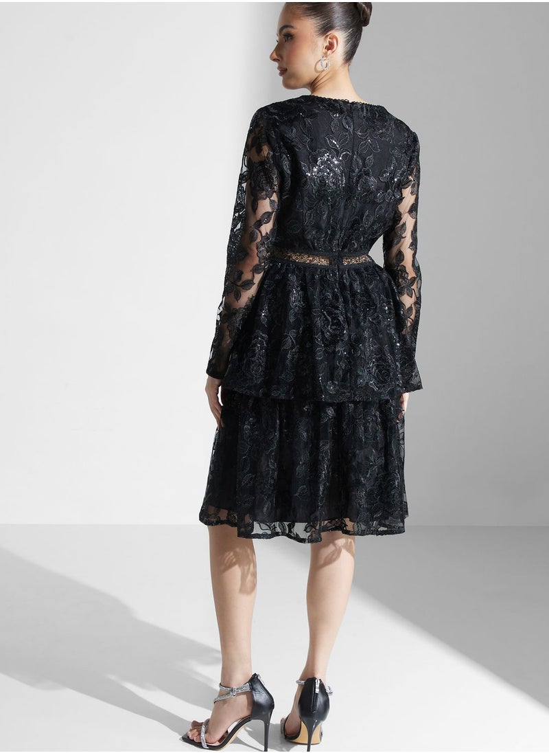 Embellished Lace Layered Midaxi Dress