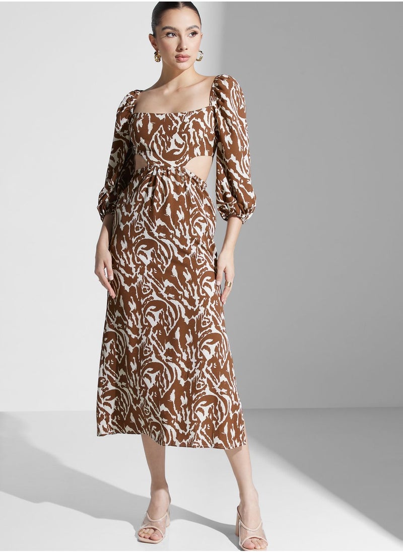 Balloon Sleeve Cut Out Printed Dress