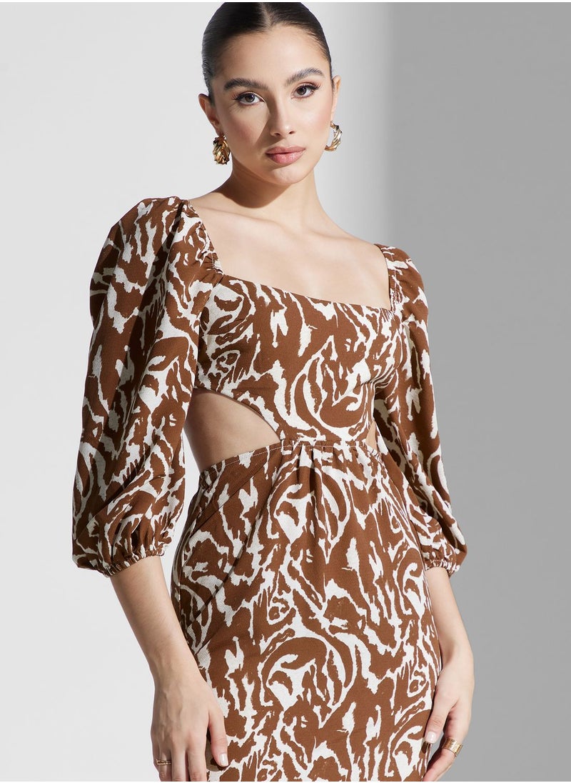 Balloon Sleeve Cut Out Printed Dress