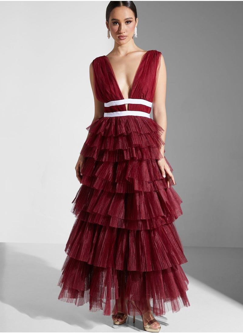 Plunge Front Tulle Layered Maxi Dress