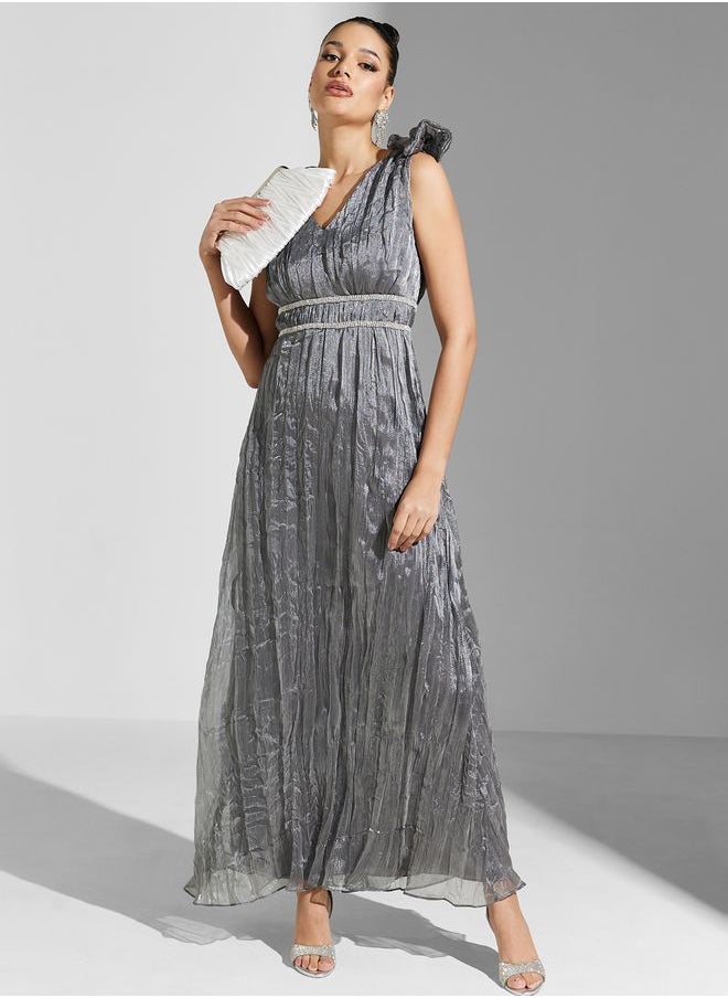 Crinkle Organza Bow Shoulder Maxi Dress