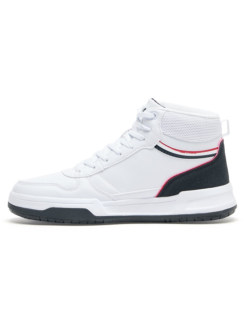 Women's Lightweight White High-Top Sneakers - Sporty Design with Black and Red Accents, Comfortable Ankle Support for Everyday Casual Wear