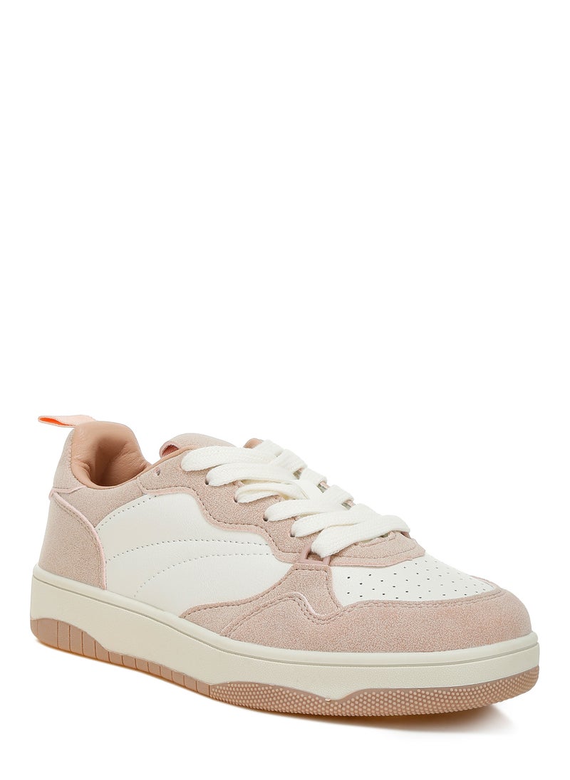 Faux Leather Casual Sneakers in White and Pink