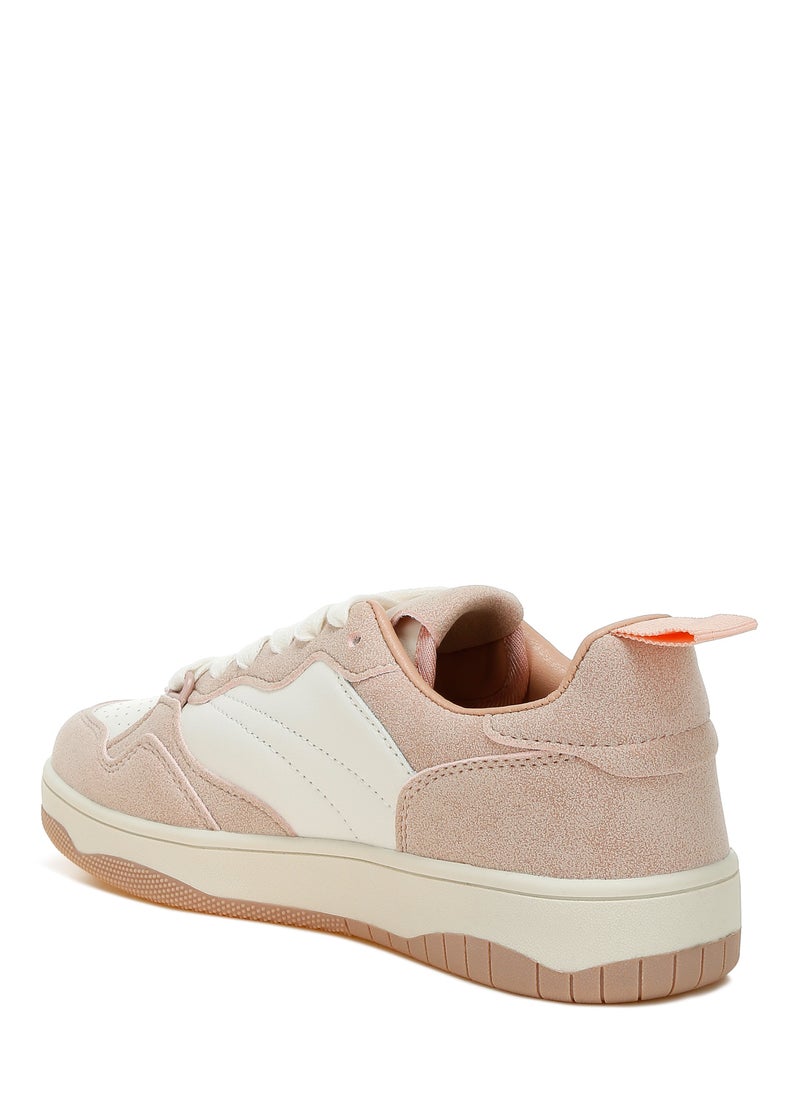 Faux Leather Casual Sneakers in White and Pink