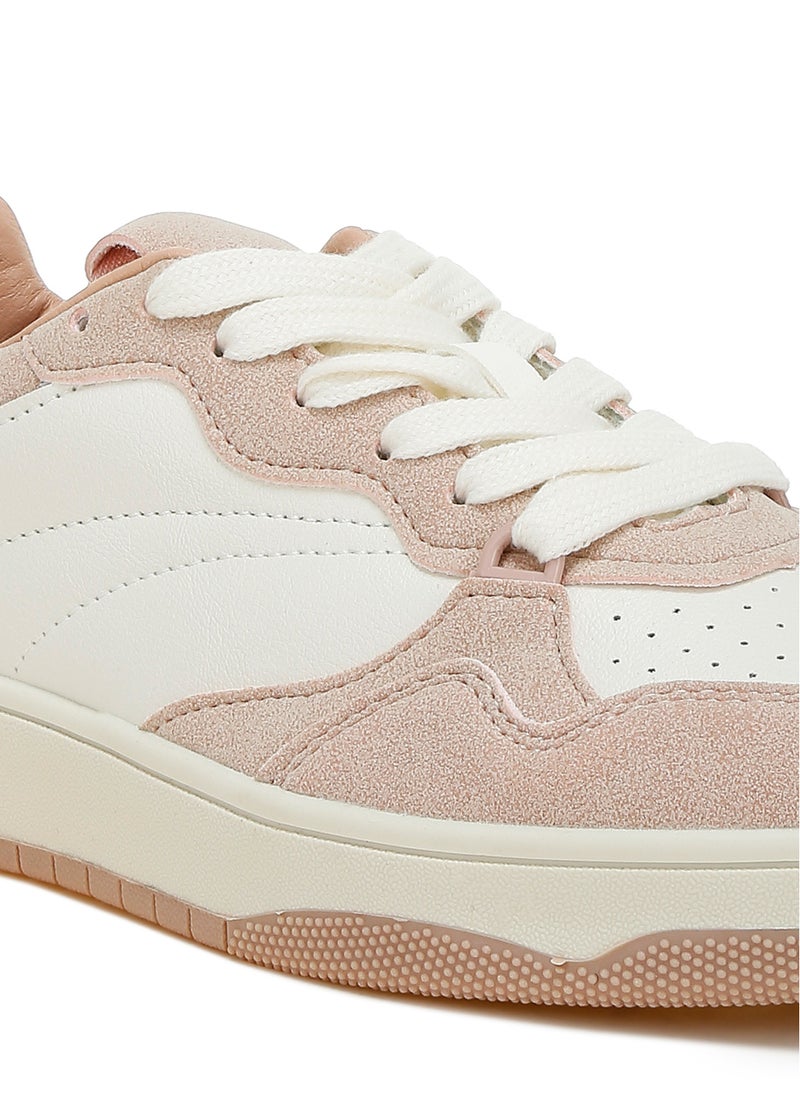 Faux Leather Casual Sneakers in White and Pink