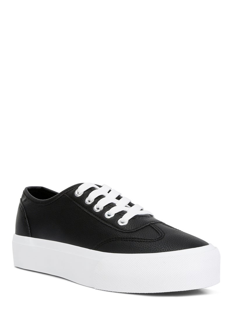 Black Faux Leather Flatform Sneakers