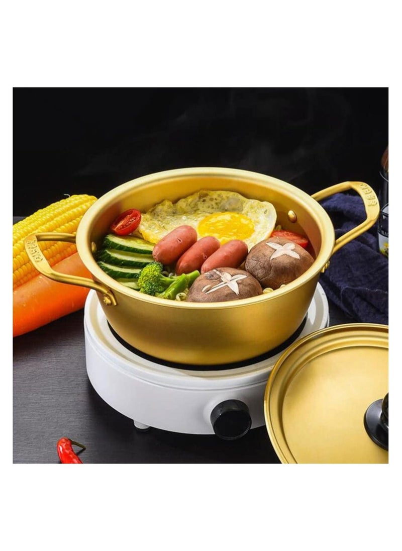 1 Set Korean Cooking Ramen Pot With 1Pair Lid Spoon And Chopsticks Double Handle Korean Ramen Noodle Pot Korean Stockpots (6Inch/ 16Cm)