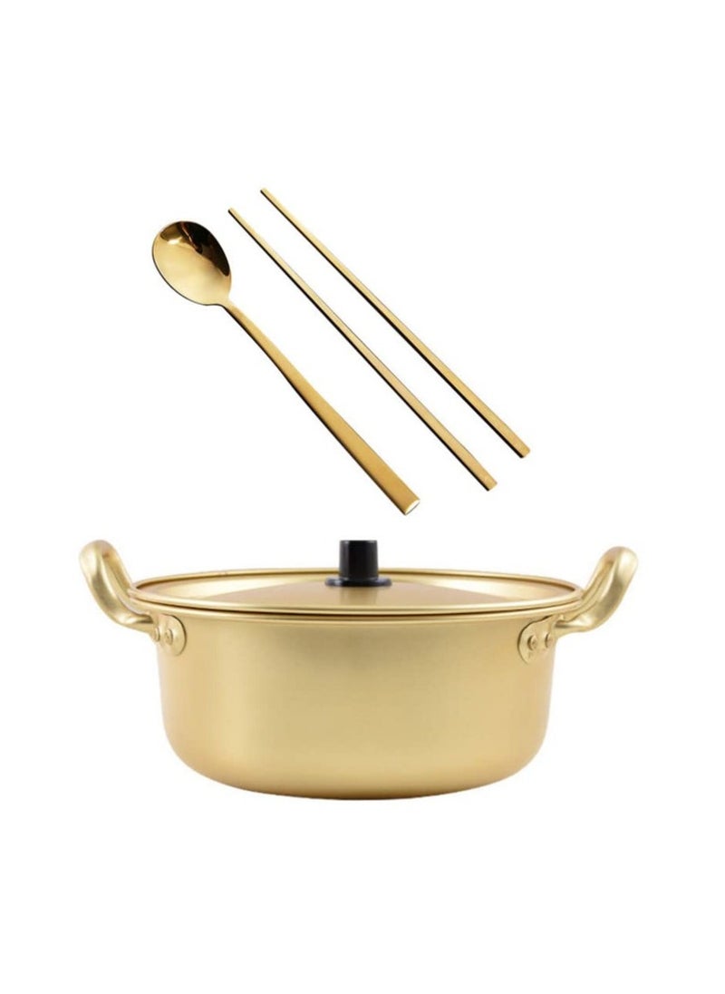 1 Set Korean Cooking Ramen Pot With 1Pair Lid Spoon And Chopsticks Double Handle Korean Ramen Noodle Pot Korean Stockpots (6Inch/ 16Cm)