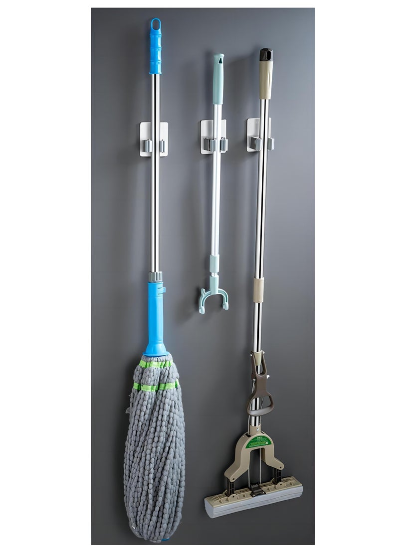 3 Pcs Self Adhesive Stainless Steel Broom Storage with Rack