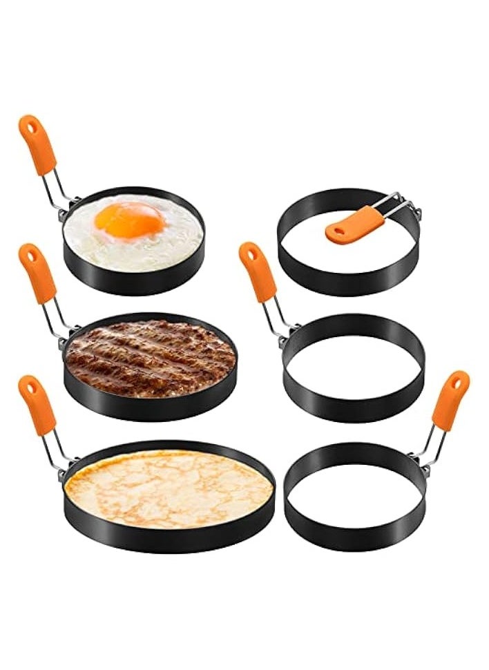 6 Pcs Professional Egg Ring Pancake Ring Set Stainless Steel Fried Egg Ring Griddle Pancake Shapers with Silicone Handle for Breakfast Omelette Sandwich