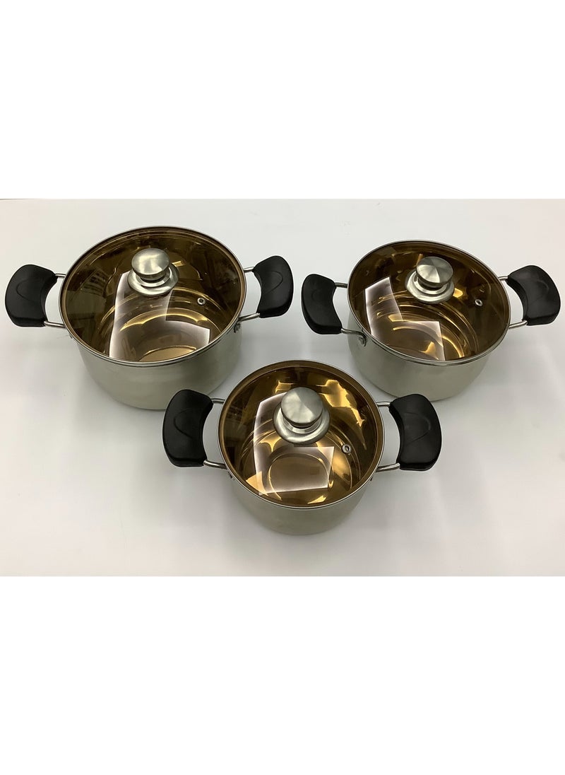 Stainless Steel Cooking Pot with Glass Cover/Lid - 3 Pieces (16/18/20 cm)