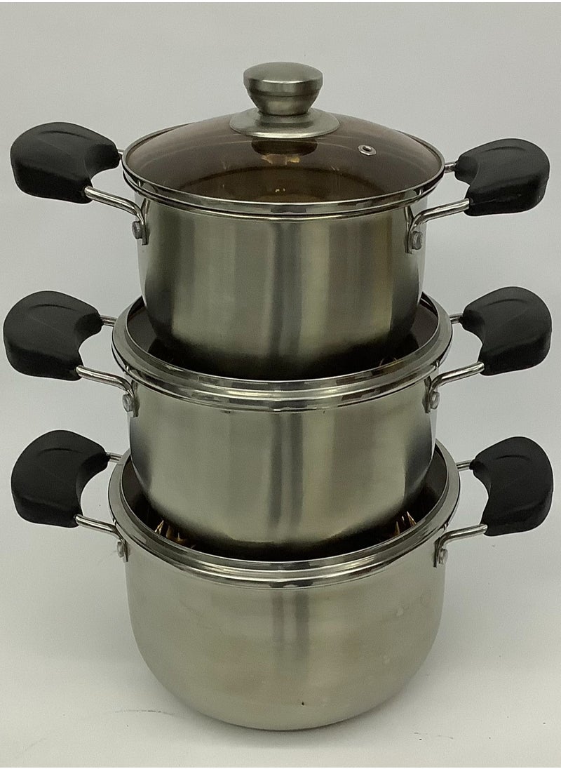 Stainless Steel Cooking Pot with Glass Cover/Lid - 3 Pieces (16/18/20 cm)