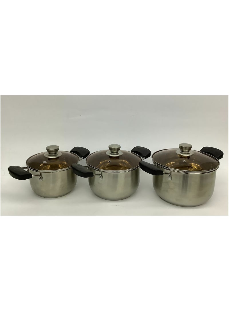 Stainless Steel Cooking Pot with Glass Cover/Lid - 3 Pieces (16/18/20 cm)