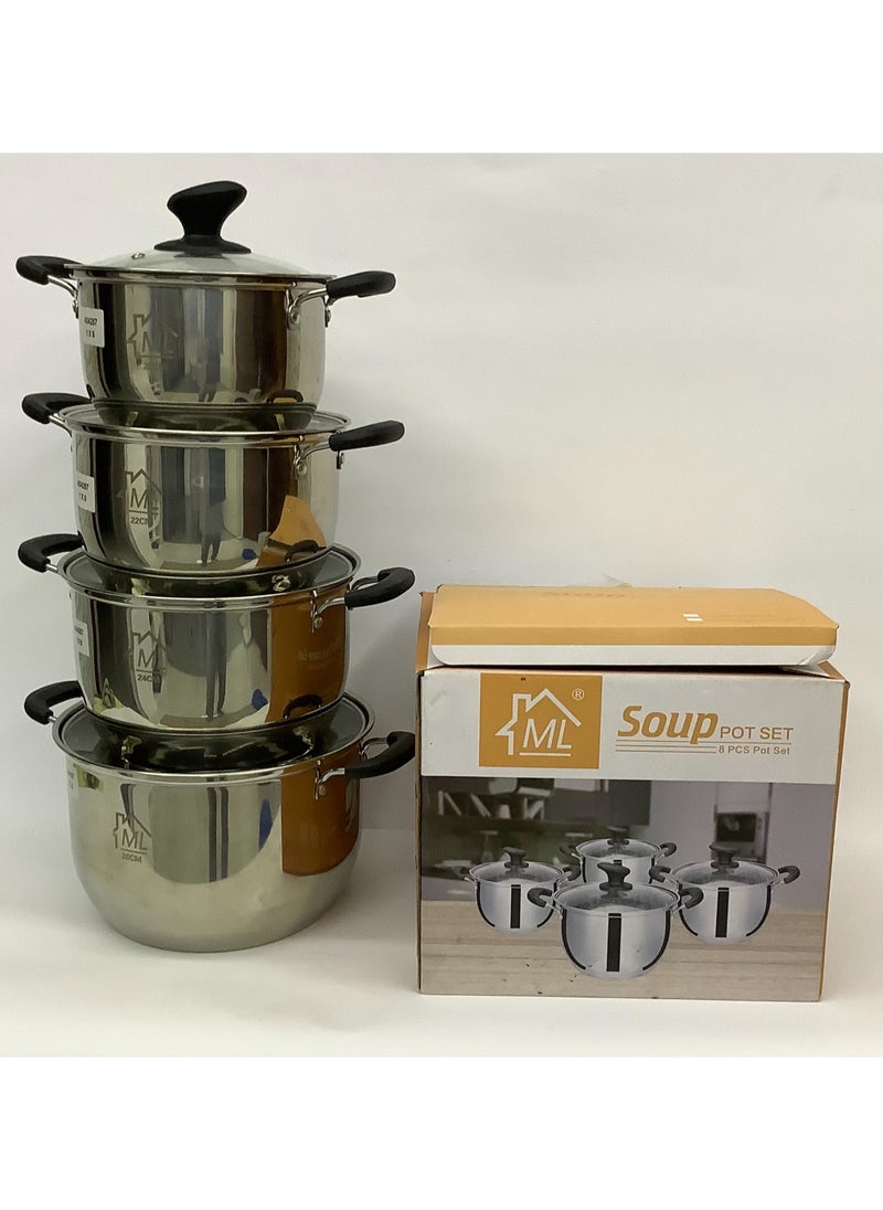 Stainless Steel Cooking Pot with Glass Cover/Lid - 4 Pieces (20/22/24/26 cm)
