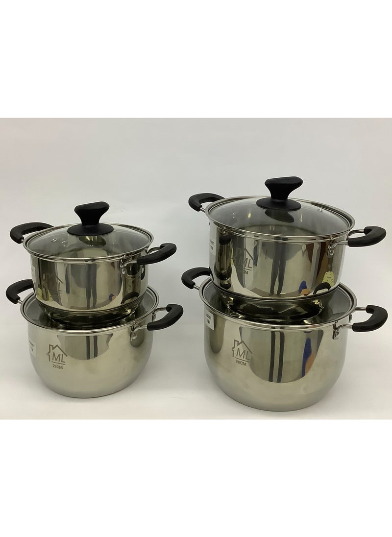 Stainless Steel Cooking Pot with Glass Cover/Lid - 4 Pieces (20/22/24/26 cm)