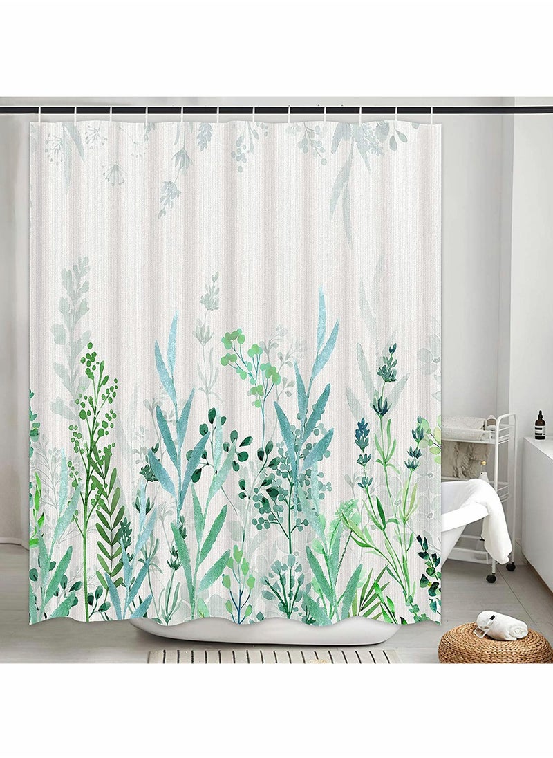 Watercolor Floral Shower Curtain, Greenery Botanical Leaves Shower Curtain with 12 Hooks, Waterproof Spring Shower Curtains for Bathroom