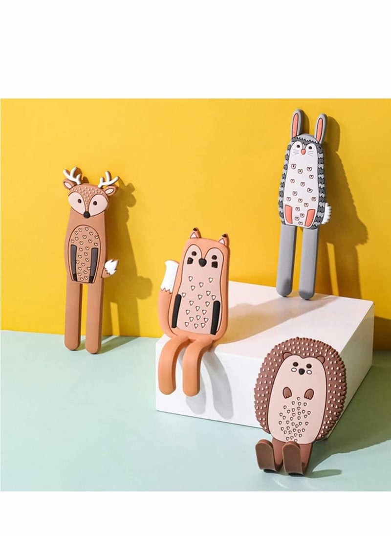 Multifunction Cartoon Animal Magnetic Refrigerator Hook Sticker, 4Pcs Refrigerator Traceless Hooks Fridge Magnet Hanging Hook White Board Lockers Surface (Fox + Hedgehog + Owl + Rabbit)