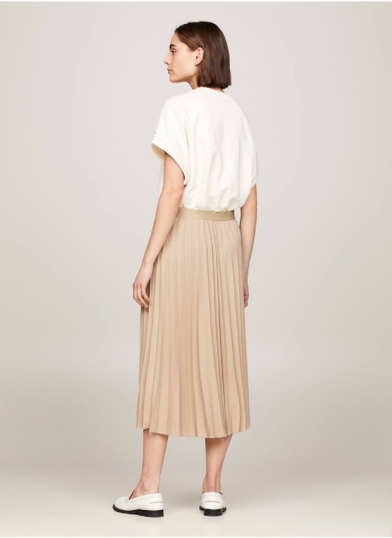 Women's Logo Waistband Pleated Midi Skirt -  Recycled polyester blend twill, Beige