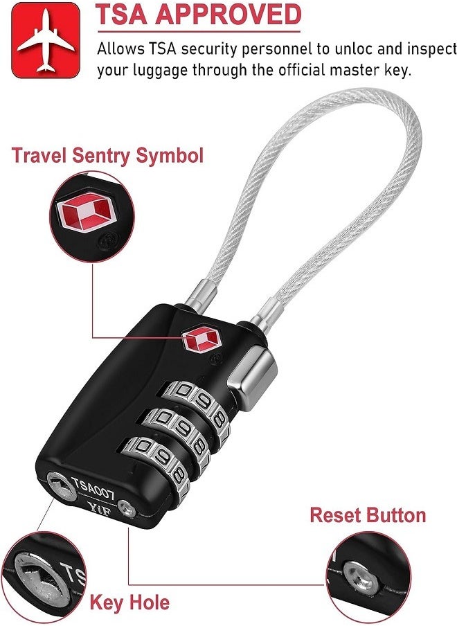 3 Digit Combination Cable Lock, TSA Lock for Luggage, Travel Padlock with Alloy Body for Suitcase, Baggage, School, Gym (Black+Silver)