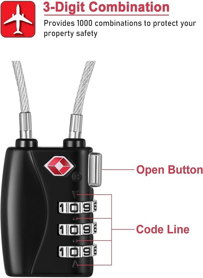 3 Digit Combination Cable Lock, TSA Lock for Luggage, Travel Padlock with Alloy Body for Suitcase, Baggage, School, Gym (Black+Silver)