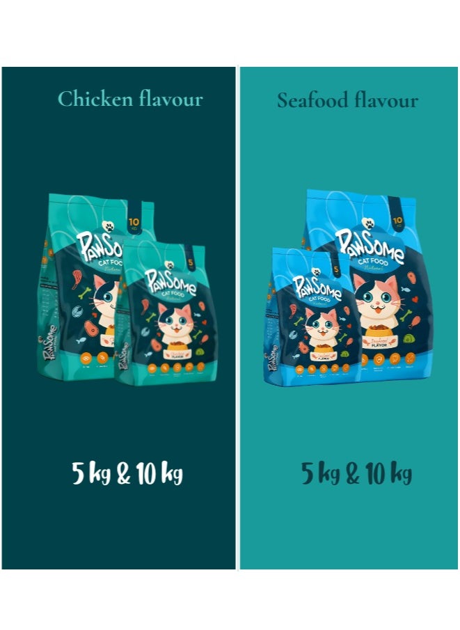 Dry Cat Food - 10 kg Seafood Flavor, Natural Fiber, Taurine and Crunchy Texture