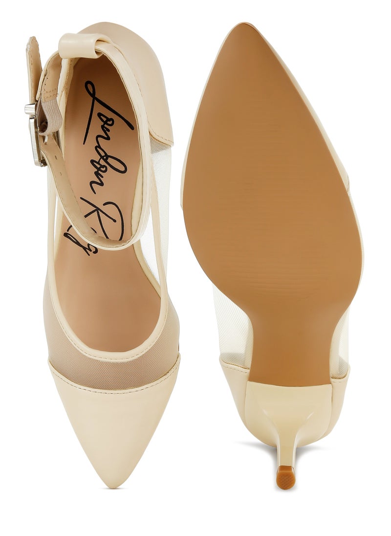 Pointy Toe Ankle Strap Pumps in Beige