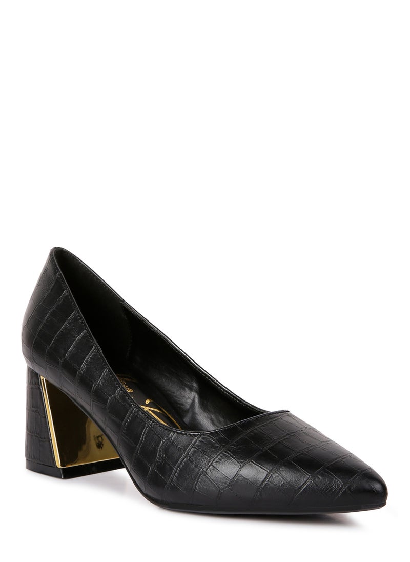 Black Croc Block Heel Pump Shoes