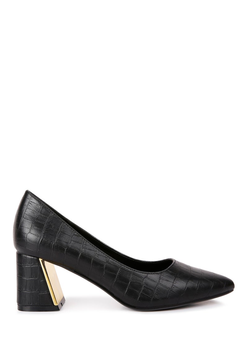 Black Croc Block Heel Pump Shoes