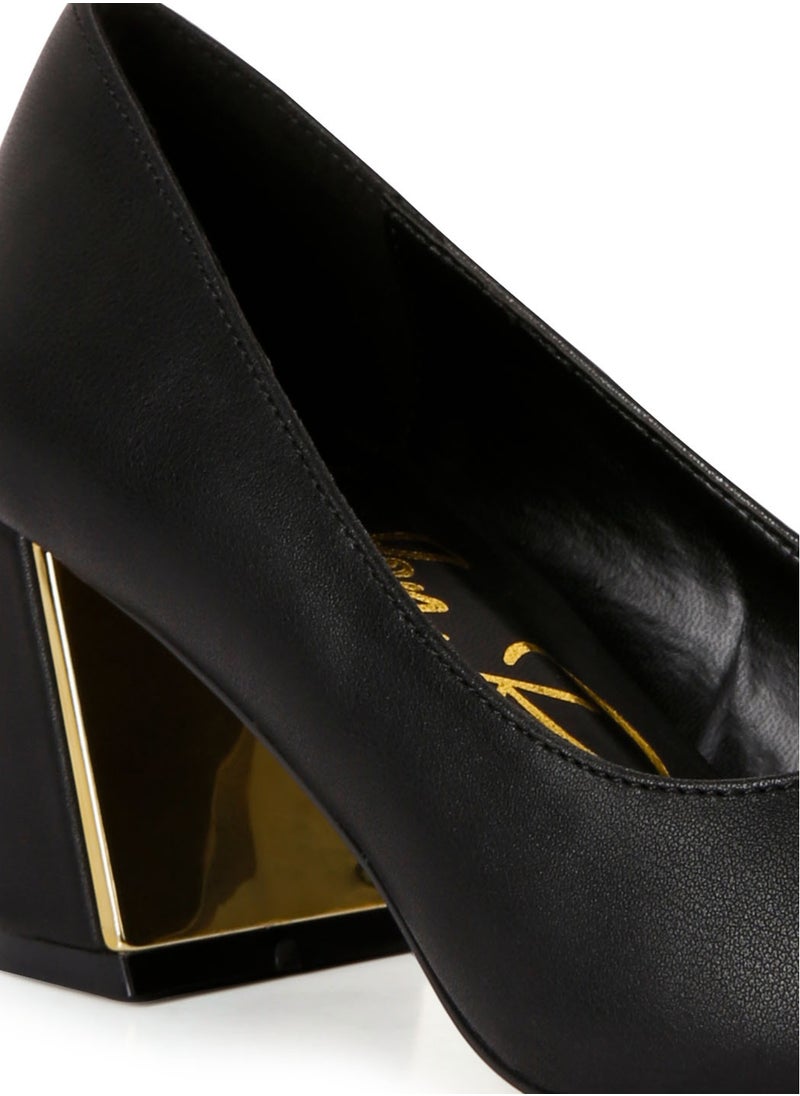 Black Metallic Detail Block Heel Pumps