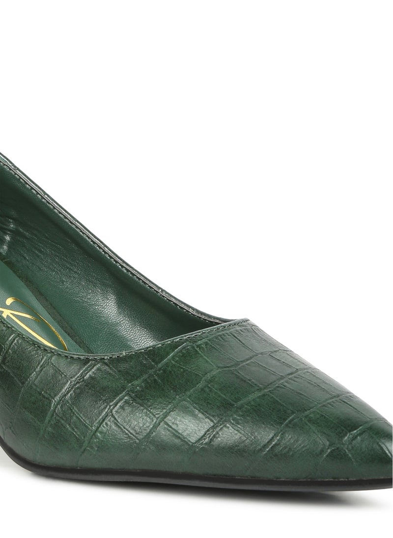 Green Croc Block Heel Pump Shoes