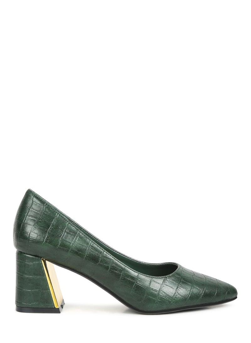 Green Croc Block Heel Pump Shoes