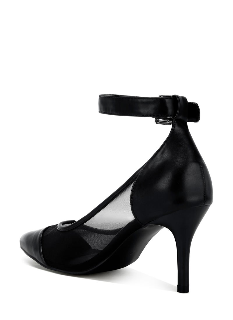 Pointy Toe Ankle Strap Pumps in Black