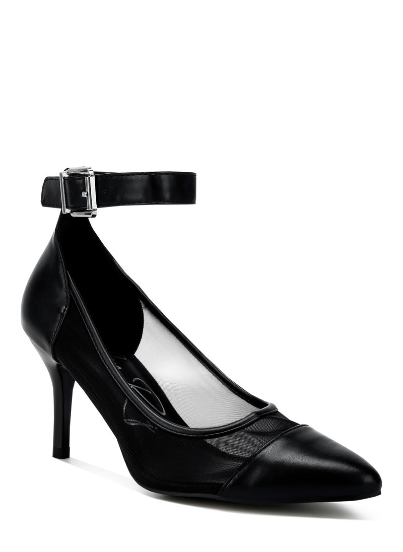 Pointy Toe Ankle Strap Pumps in Black