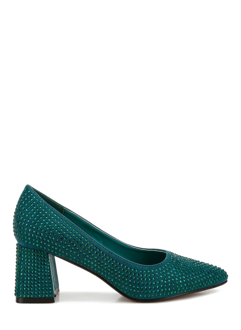 Rhinestones Embellished Pumps in Bottle Green