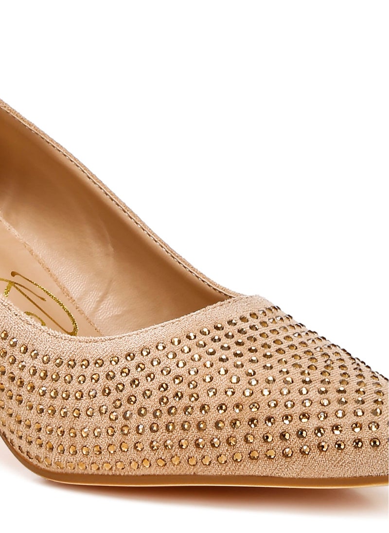 Rhinestones Embellished Pumps in Beige