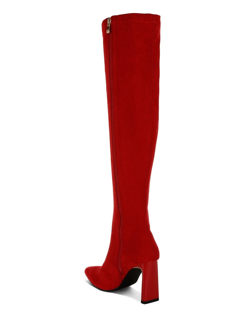 Slim Block Heel Long Boots in Red