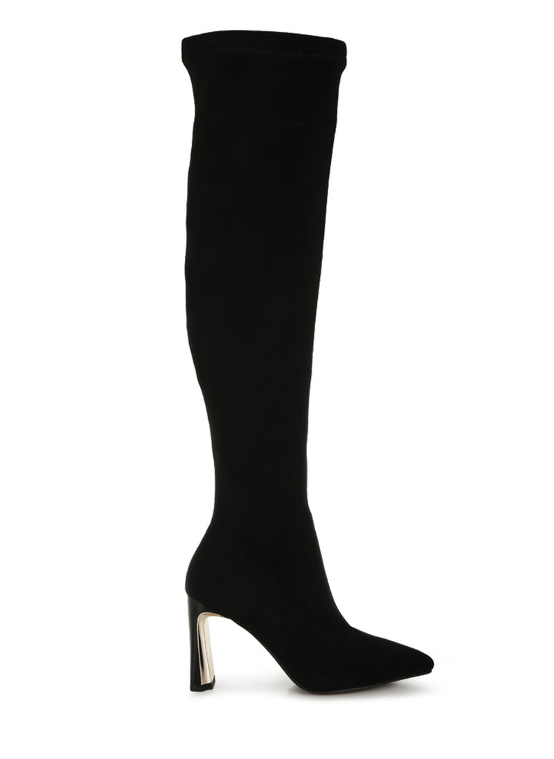 Slim Block Heel Long Boots in Black